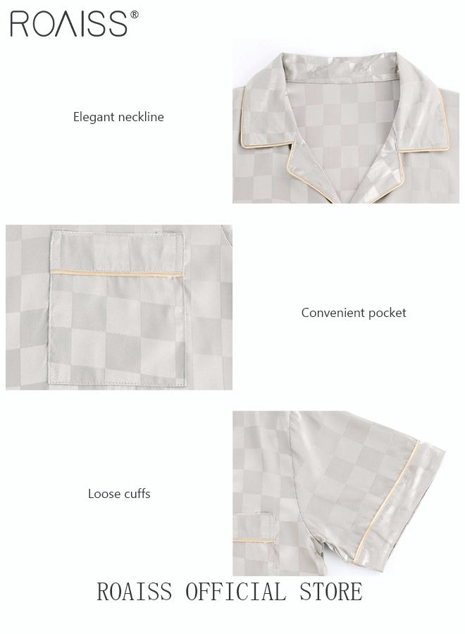 3-Piece Set Men's Short Sleeves Pajamas Pants Trousers Sleepwear Sets Satin Grid Printing Silk Nightgown Male Loose Shirts Spring Summer Loungewear Home Clothes