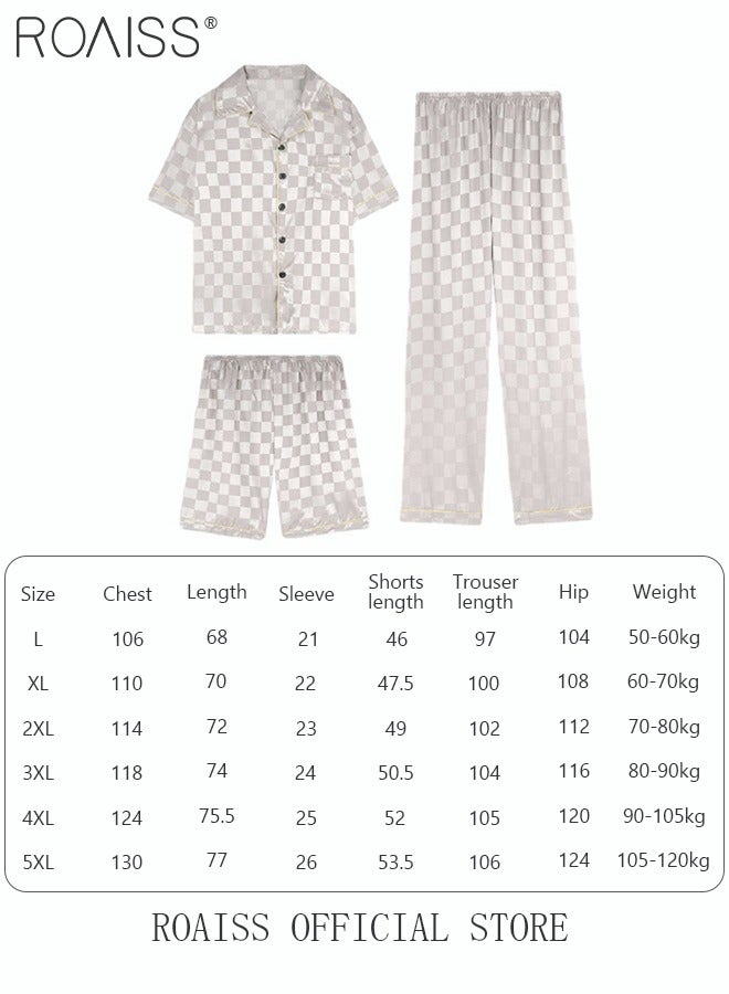 3-Piece Set Men's Short Sleeves Pajamas Pants Trousers Sleepwear Sets Satin Grid Printing Silk Nightgown Male Loose Shirts Spring Summer Loungewear Home Clothes