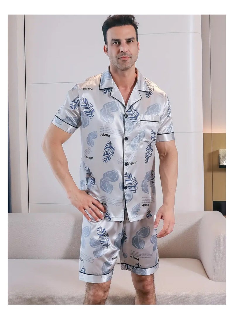 Pajama Sets For Mens Short Sleeve Sleepwear 2 Pieces Loungewear with Pockets