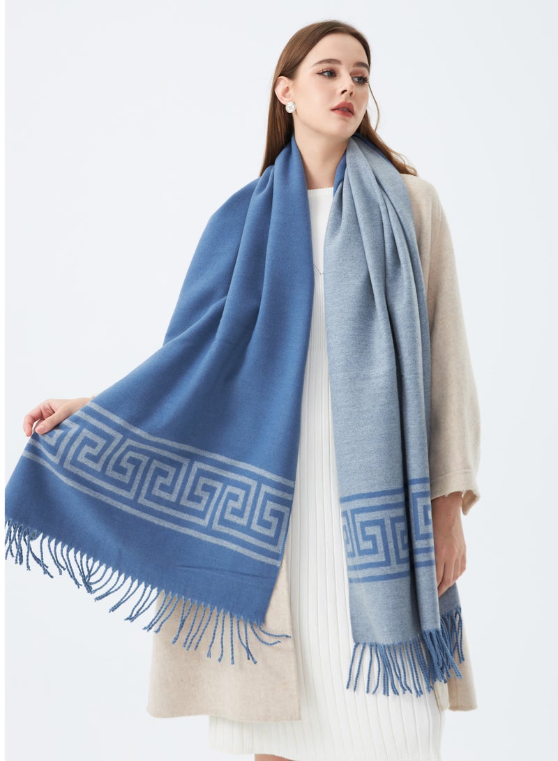 Soft Wool Scarf with Greek Key Design Blue