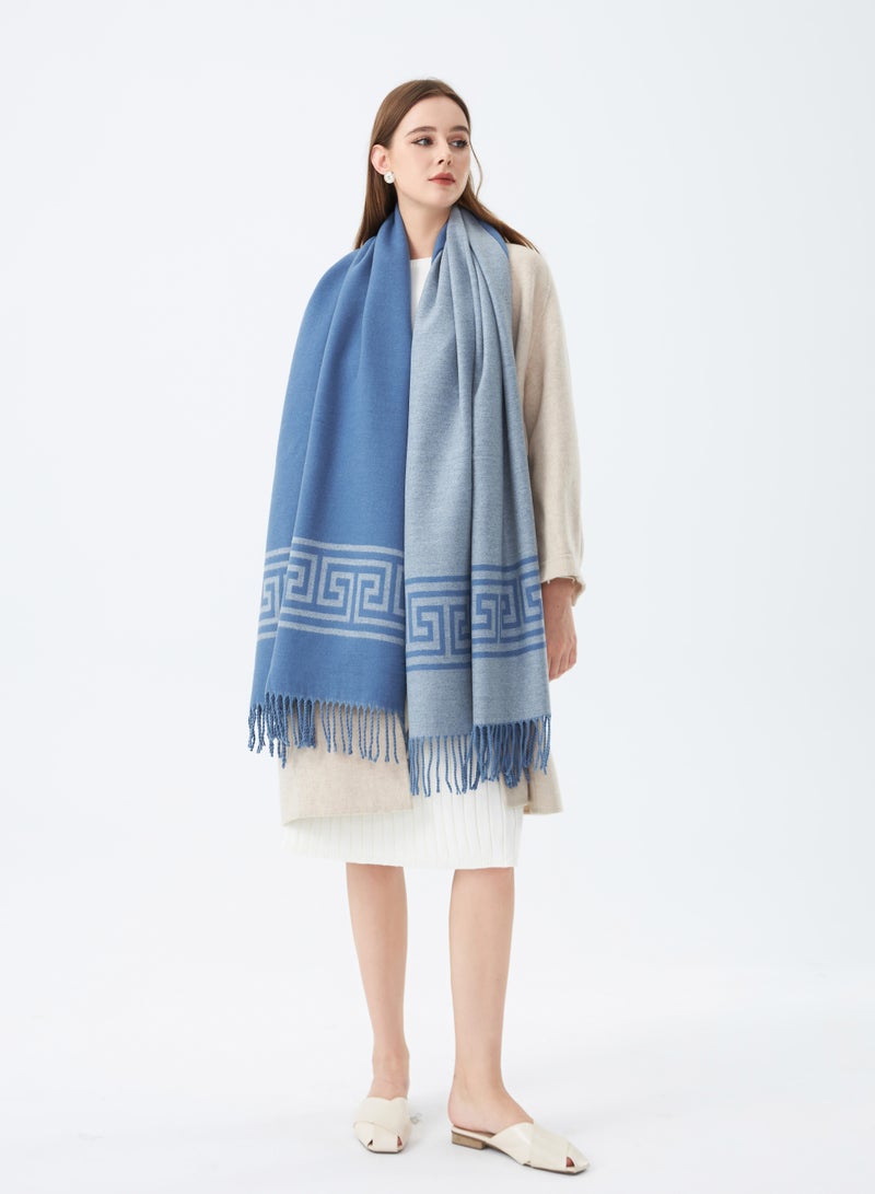 Soft Wool Scarf with Greek Key Design Blue