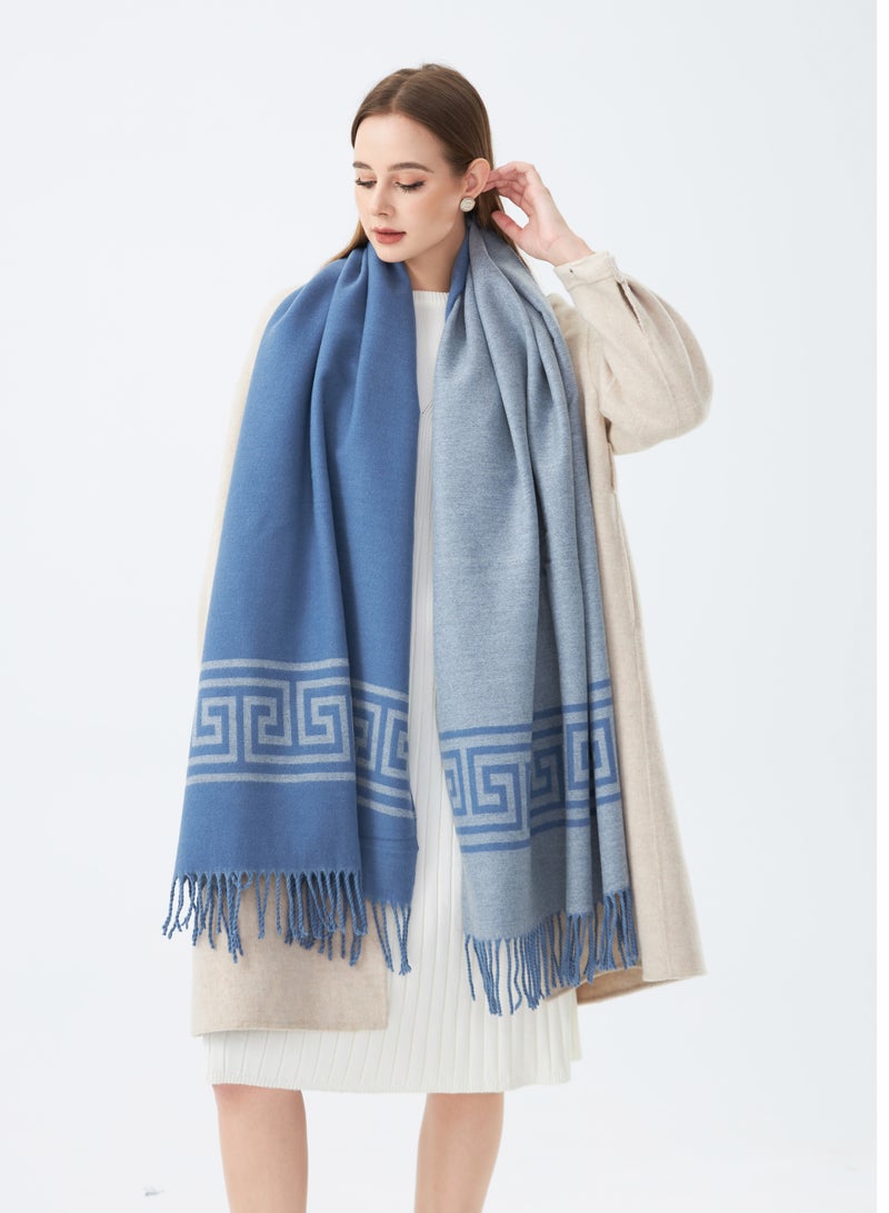 Soft Wool Scarf with Greek Key Design Blue