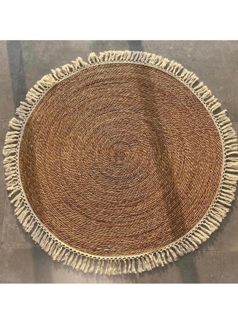 Jute Rug Round Jute Rug Carpet with Cotton Pendant Hand Woven Jute Braided Rug Rustic Style Area Rug Carpet Boho Charm Farmhouse Jute Rug Natural Jute Rug For Indoor and Outdoor