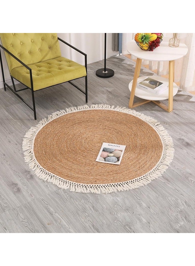Jute Rug Round Jute Rug Carpet with Cotton Pendant Hand Woven Jute Braided Rug Rustic Style Area Rug Carpet Boho Charm Farmhouse Jute Rug Natural Jute Rug For Indoor and Outdoor