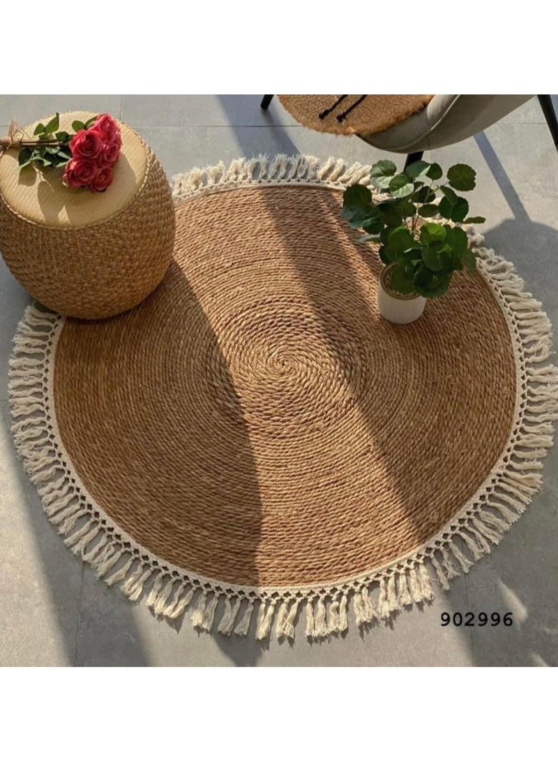 Jute Rug Round Jute Rug Carpet with Cotton Pendant Hand Woven Jute Braided Rug Rustic Style Area Rug Carpet Boho Charm Farmhouse Jute Rug Natural Jute Rug For Indoor and Outdoor