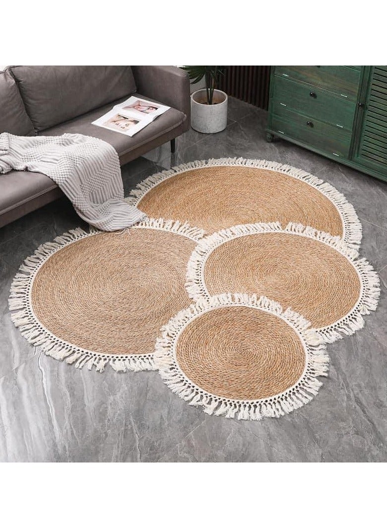 Jute Rug Round Jute Rug Carpet with Cotton Pendant Hand Woven Jute Braided Rug Rustic Style Area Rug Carpet Boho Charm Farmhouse Jute Rug Natural Jute Rug For Indoor and Outdoor
