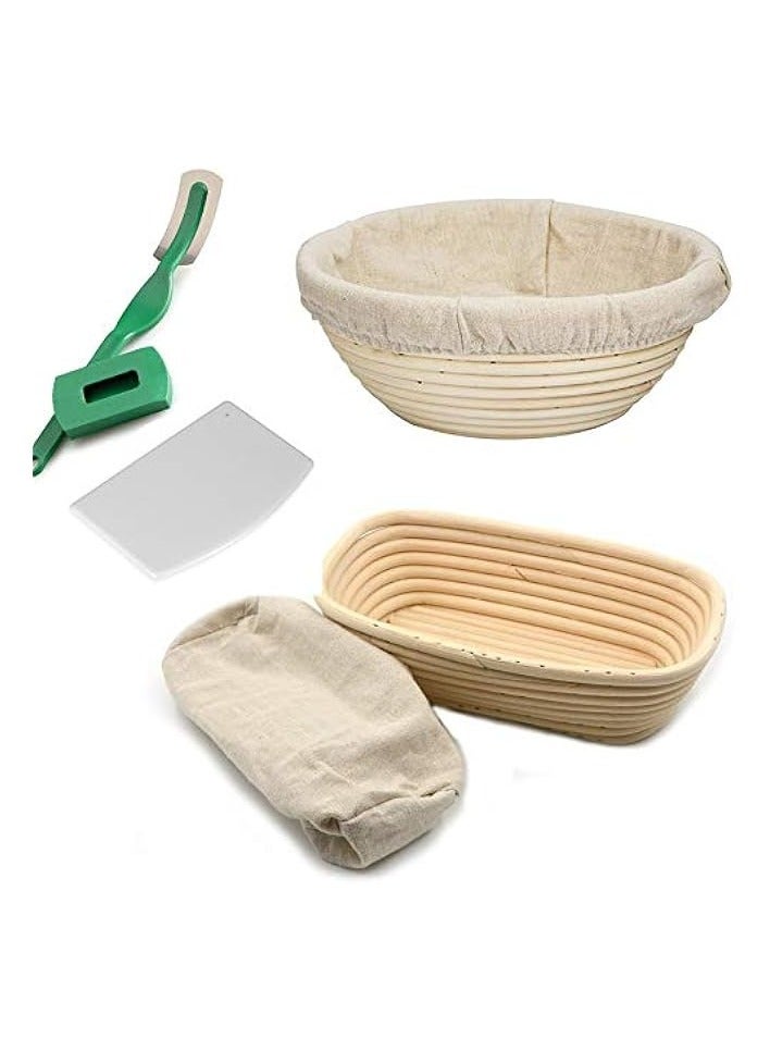 Bread Proofing Basket Set - Handmade 9 Inch Round & 10 Inch Oval for Dough Rising Fermentation Baking with Dough Scraper Linen Liner Cloth Bread Lame