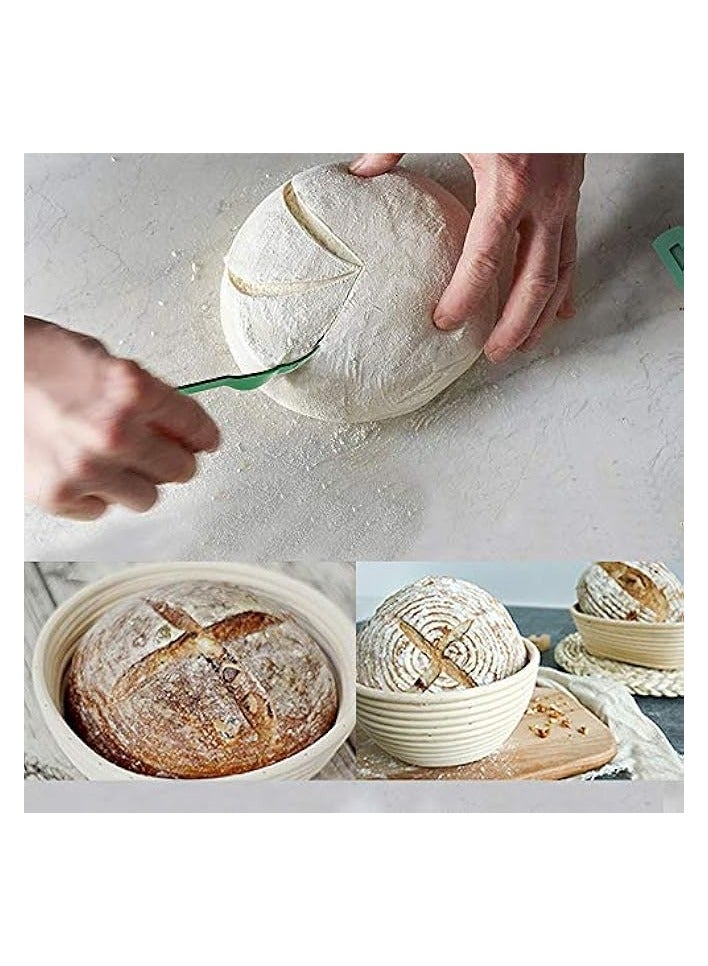 Bread Proofing Basket Set - Handmade 9 Inch Round & 10 Inch Oval for Dough Rising Fermentation Baking with Dough Scraper Linen Liner Cloth Bread Lame