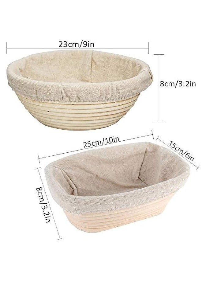 Bread Proofing Basket Set - Handmade 9 Inch Round & 10 Inch Oval for Dough Rising Fermentation Baking with Dough Scraper Linen Liner Cloth Bread Lame