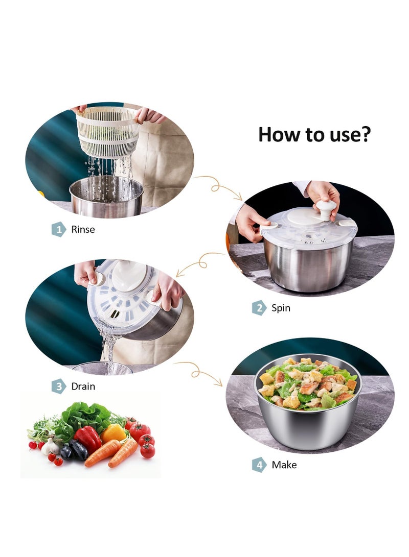Fruits Vegetable Salad Dehydrator Dryer and Washer : Salad Spinner, Oil Shaker, Anti-Shake, Easy Drain, Compact Storage (stainless_steel)