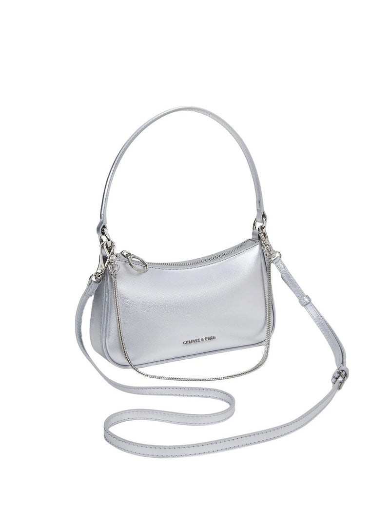 CHARLES & KEITH Crossbody Bag Metallic Curved Shoulder Bag - Silver