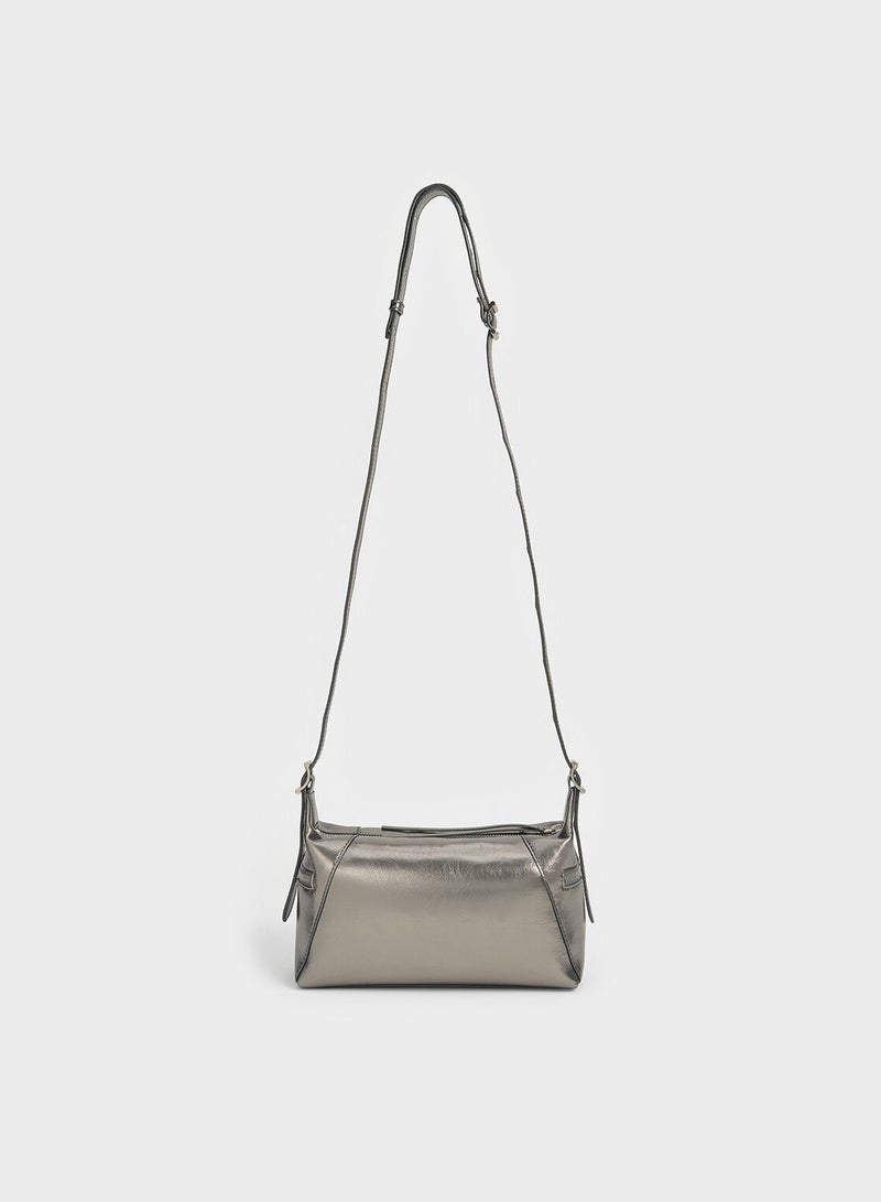 CHARLES & KEITH Xylia Metallic Shoulder Bag - Pewter