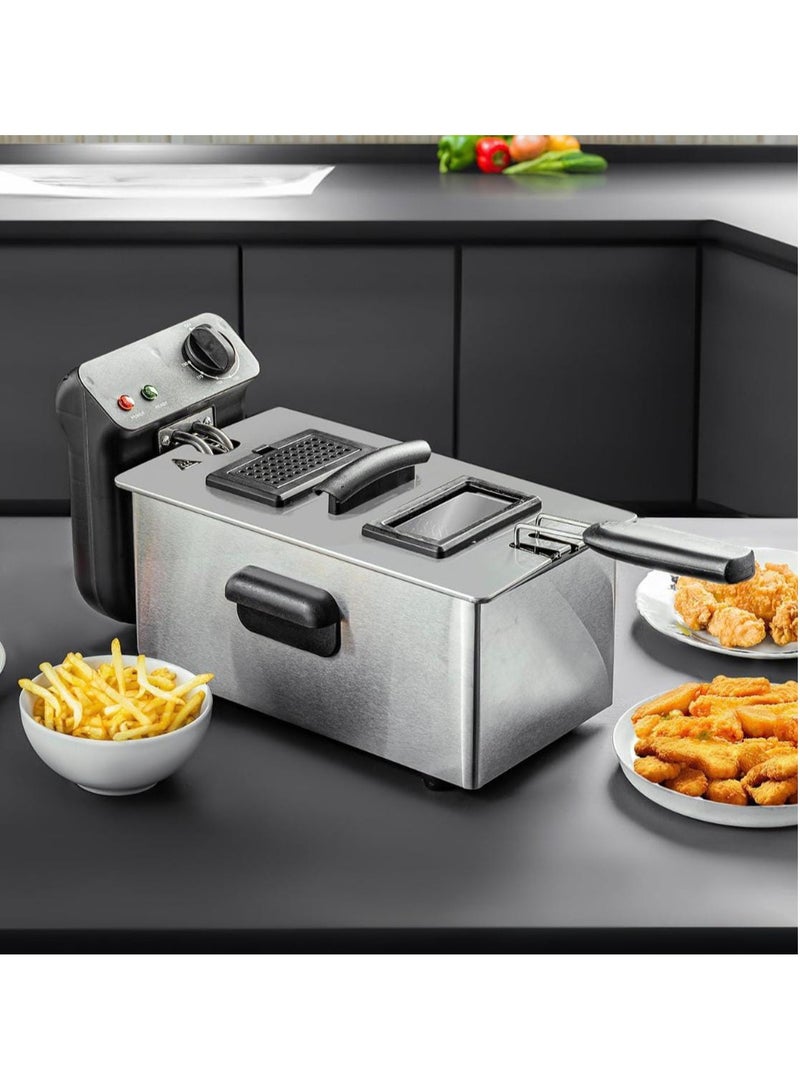 Deep Fryer with Adjustable Thermostat, 3L Oil Capacity 2000W, Removable Enamel Pot, Frying Basket with Handle, Fully Immersible Heating Element, Stainless Steel Housing – Perfect for Fries, Wings, Tempura, Donuts, and More