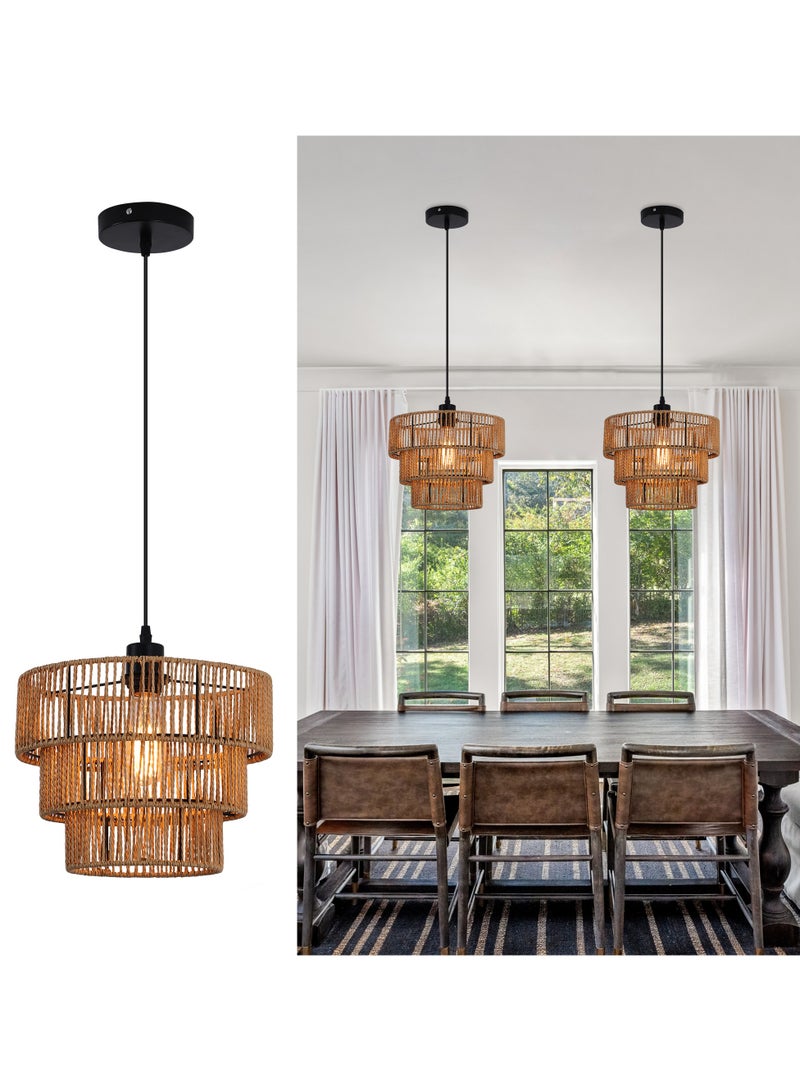 Farmhouse Rattan Pendant Light Fixture Vintage Boho Hand-Woven Bamboo Pendant Lighting Retro 30cm Mini 3-Tier Drum Wicker Brown Pendant Light for Kitchen Island, Dining Room, Bedroom