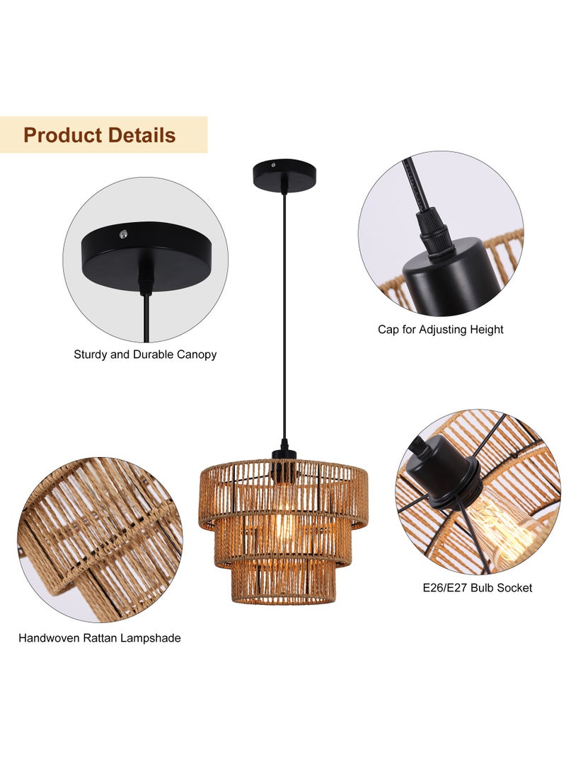 Farmhouse Rattan Pendant Light Fixture Vintage Boho Hand-Woven Bamboo Pendant Lighting Retro 30cm Mini 3-Tier Drum Wicker Brown Pendant Light for Kitchen Island, Dining Room, Bedroom