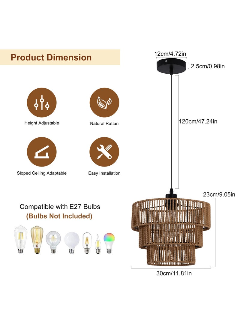 Farmhouse Rattan Pendant Light Fixture Vintage Boho Hand-Woven Bamboo Pendant Lighting Retro 30cm Mini 3-Tier Drum Wicker Brown Pendant Light for Kitchen Island, Dining Room, Bedroom