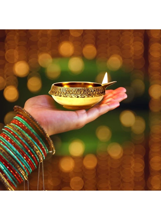 MOONCEE Set Of 6 Handmade Brass Kuber Diyas, Deepak, Oil Lamp for Puja Room Mandir Diwali Diya Pooja Deeak For Temple, Office Golden Diya Lamp Engraved Design Diwali Light Decoration (Diameter 5cm)