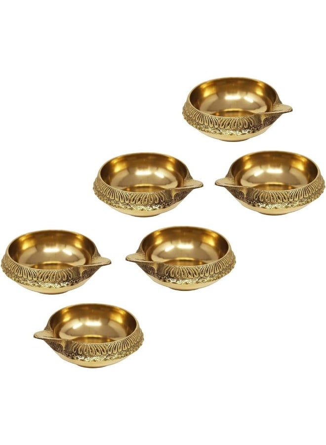 MOONCEE Set Of 6 Handmade Brass Kuber Diyas, Deepak, Oil Lamp for Puja Room Mandir Diwali Diya Pooja Deeak For Temple, Office Golden Diya Lamp Engraved Design Diwali Light Decoration (Diameter 5cm)