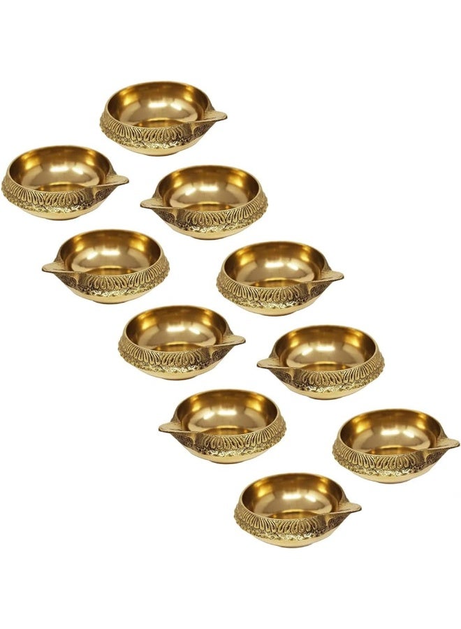 MOONCEE Set Of 10 Handmade Brass Kuber Diyas, Deepak, Oil Lamp for Puja Room Mandir Diwali Diya Pooja Deeak For Temple, Office Golden Diya Lamp Engraved Design Diwali Light Decoration (Diameter 5cm)