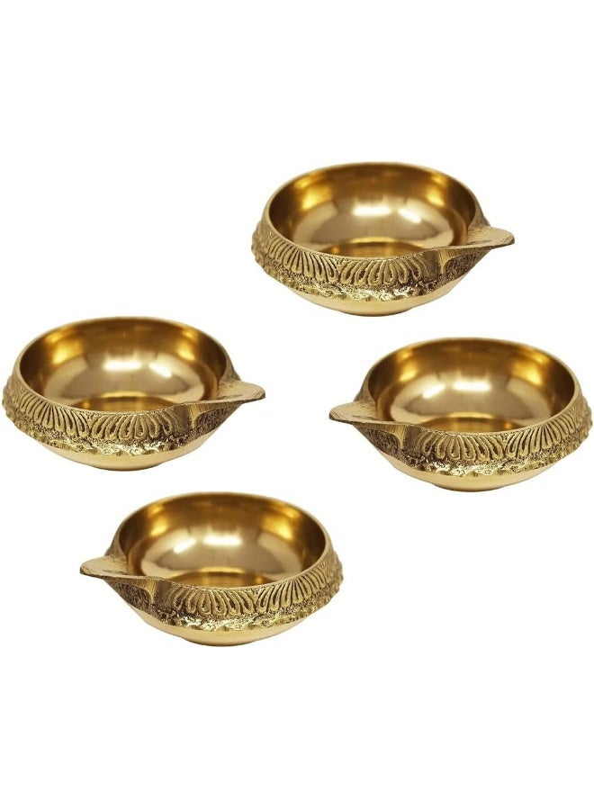 MOONCEE Set Of 4 Handmade Brass Kuber Diyas, Deepak, Oil Lamp for Puja Room Mandir Diwali Diya Pooja Deeak For Temple, Office Golden Diya Lamp Engraved Design Diwali Light Decoration (Diameter 5cm)