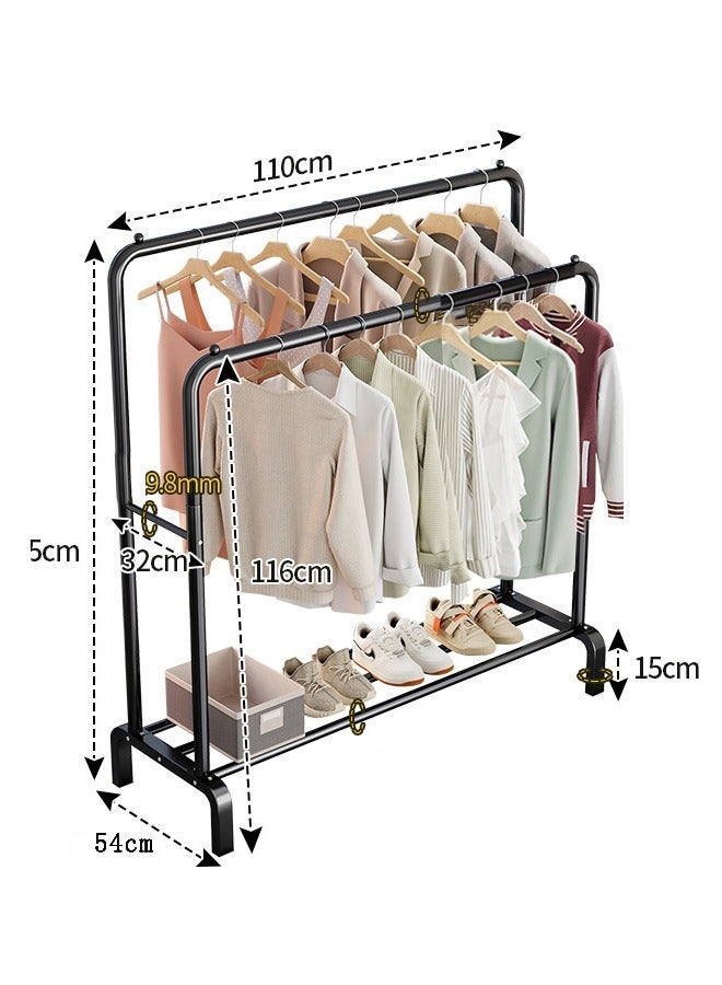 Double Row Of Simple Hangers, Strong Load-Bearing Capacity, With A Layer Of Shelving, Can Be Placed Shoes Or Debris, Black