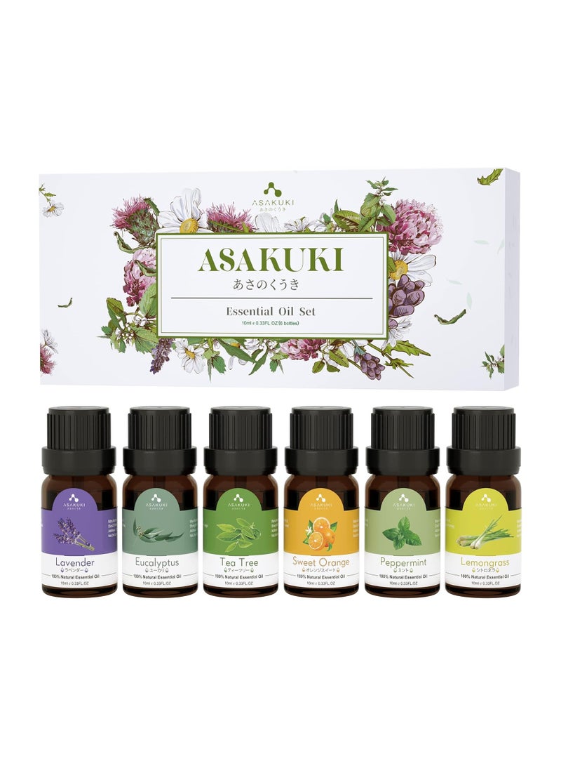 Essential Oils Set, Starter Kit For Diffusers for Home Top 6 Aromatherapy Gift - 6 Bottles 10ml (Lavender, Eucalyptus, Lemongrass, Tea Tree, Sweet Orange, Peppermint)