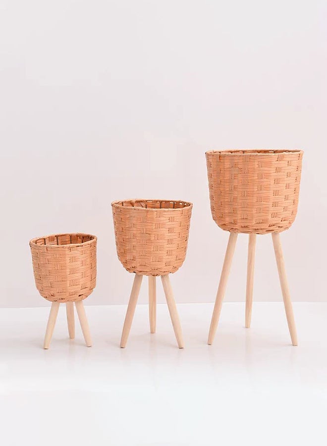 Home Taste Set Of 3 Rattan Plant Pot Stand Woven Flower Pots Cover Planter Pot Container Wooden Flower Pot Holder Flower Basket Rattan Plant Display Rack For Indoor Outdoor