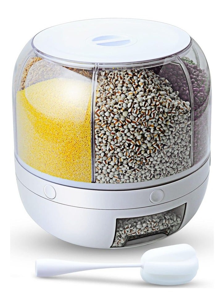 Grain Dispenser 8.2 Qt Rotating Rice Dispenser Storage Container 6-Compartment Dry Food with Measuring Cup Containers for Kitchen Small Grains Beans.