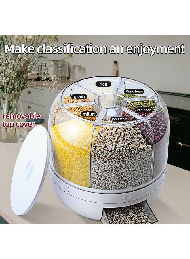 Grain Dispenser 8.2 Qt Rotating Rice Dispenser Storage Container 6-Compartment Dry Food with Measuring Cup Containers for Kitchen Small Grains Beans.