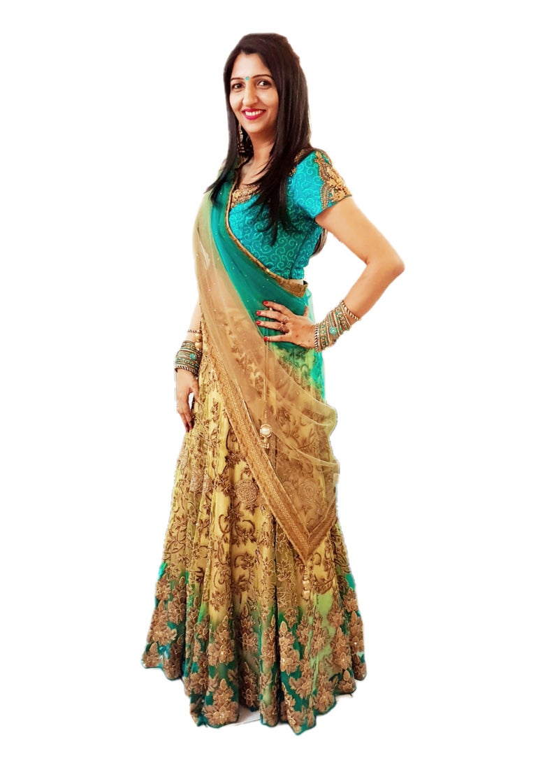 Ready To Wear Golden Turquoise Green Net Lehenga With Golden Embroidery Having Stones Plus Stitched blouse Medium Size And Net dupatta