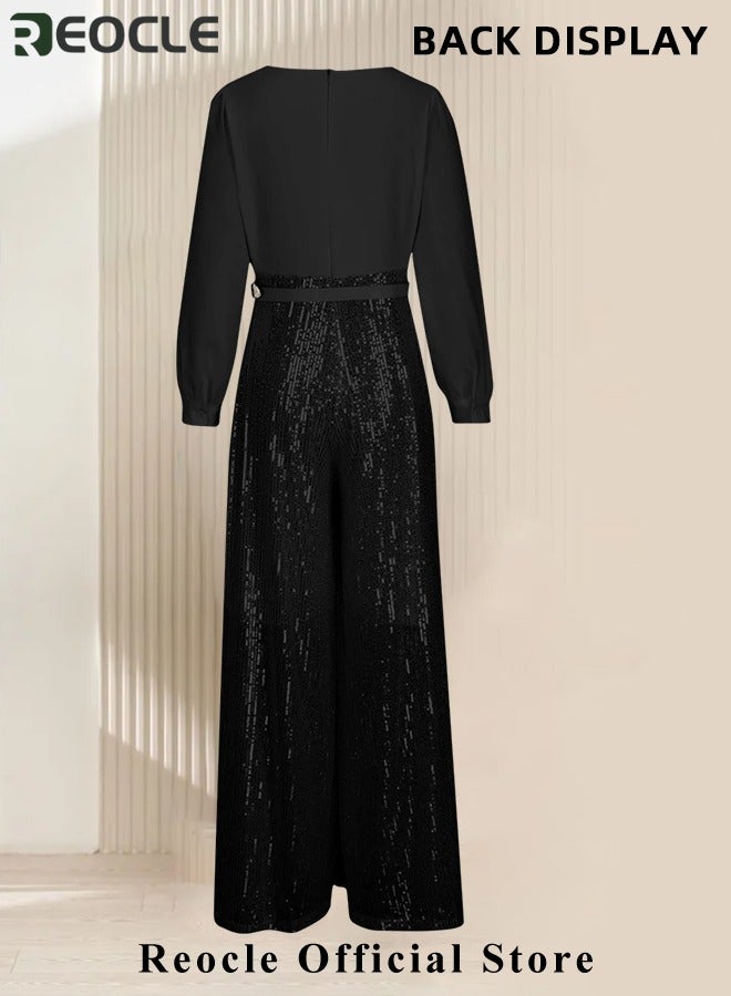 Women's Jumpsuit Shiny Sequin Rompers with Long Sleeve Design & Wide Belt Design & Wide Leg Trousers Design & V-neck Design Elegant Wide Leg Pants for Evening Party