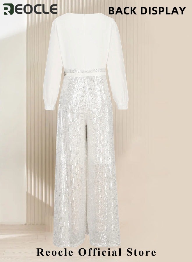 Women's Jumpsuit Shiny Sequin Rompers with Long Sleeve Design & Wide Belt Design & Wide Leg Trousers Design & V-neck Design Elegant Wide Leg Pants for Evening Party