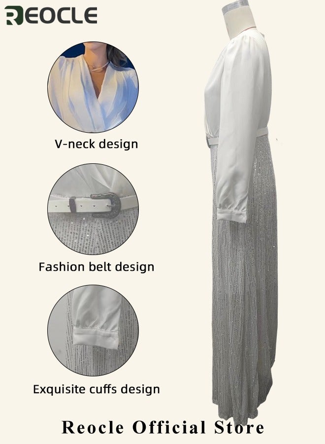Women's Jumpsuit Shiny Sequin Rompers with Long Sleeve Design & Wide Belt Design & Wide Leg Trousers Design & V-neck Design Elegant Wide Leg Pants for Evening Party
