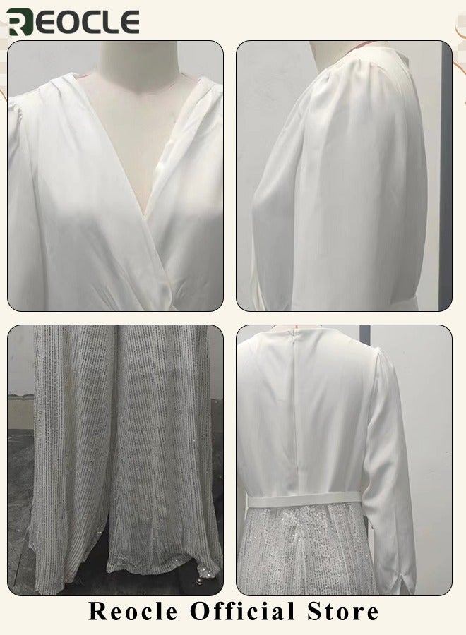 Women's Jumpsuit Shiny Sequin Rompers with Long Sleeve Design & Wide Belt Design & Wide Leg Trousers Design & V-neck Design Elegant Wide Leg Pants for Evening Party