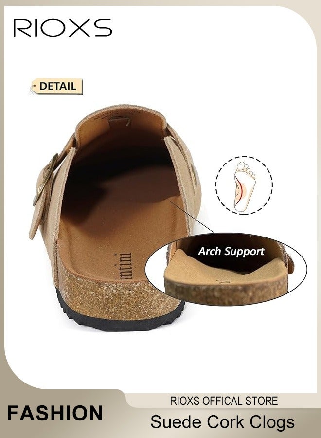 Unisex Suede Clogs,Premium Suede Leather Clogs Sandals For Women And Men,Anti-Slip Flat Mules,Classic Slip-On Closed Toe Slippers,Clogs With  Arch Support And Adjustable Buckle,Casual Clogs For Indoors Outdoor Activities