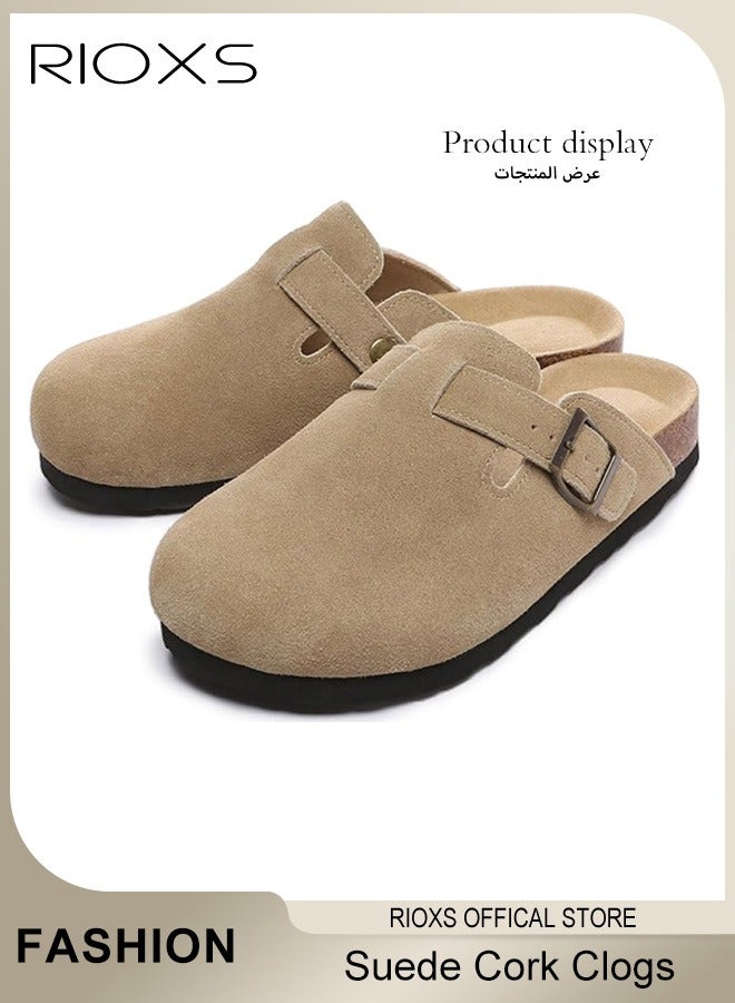 Unisex Suede Clogs,Premium Suede Leather Clogs Sandals For Women And Men,Anti-Slip Flat Mules,Classic Slip-On Closed Toe Slippers,Clogs With  Arch Support And Adjustable Buckle,Casual Clogs For Indoors Outdoor Activities