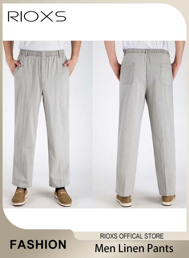 Men's Casual Linen Pants with 4 Pockets, Elastic Waist Long Pants, High Waist Drawstring Trouser Pants, Solid Comfortable Baggy Trousers, Breathable Skin-friendly Straight Pants, Comfortable for Daily Wear or Outdoor Activities