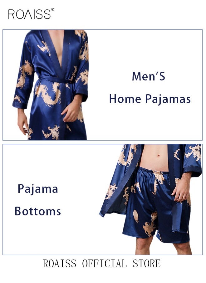 Pajama Shorts and Robe for Men Silk Dragon Pattern Pajamas Bathrobe gift for Boyfriend Husband Summer Loungewear Nightwear for Men