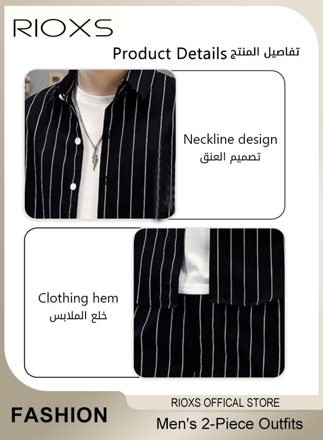 Men's 2-Piece Outfits with Striped Shirt and Shorts, Fashionable Summer Outfit, Comfortable Drawstring Shorts and Button-down Shirt Sets, Ideal for Everyday Wear