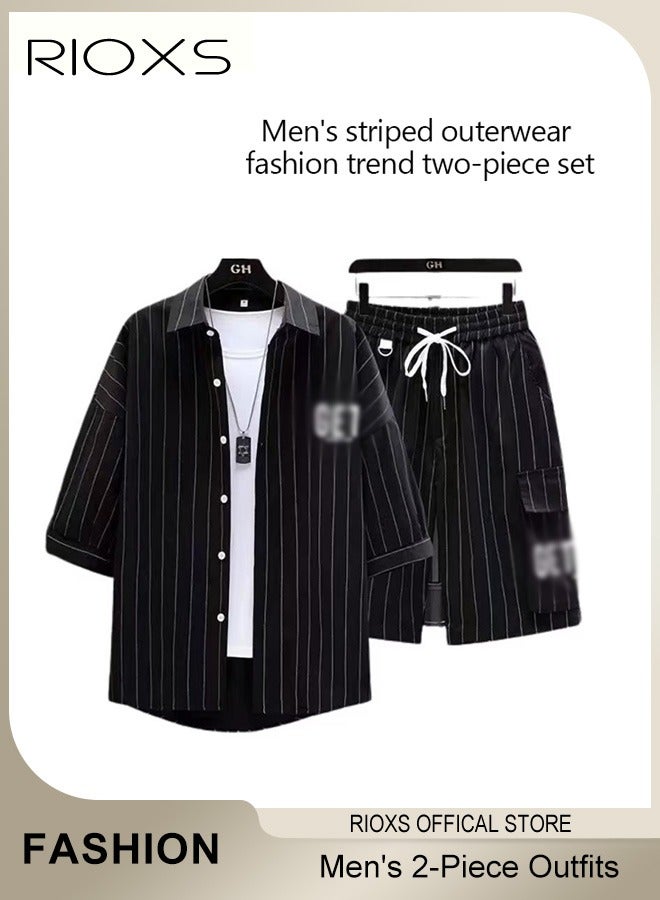 Men's 2-Piece Outfits with Striped Shirt and Shorts, Fashionable Summer Outfit, Comfortable Drawstring Shorts and Button-down Shirt Sets, Ideal for Everyday Wear