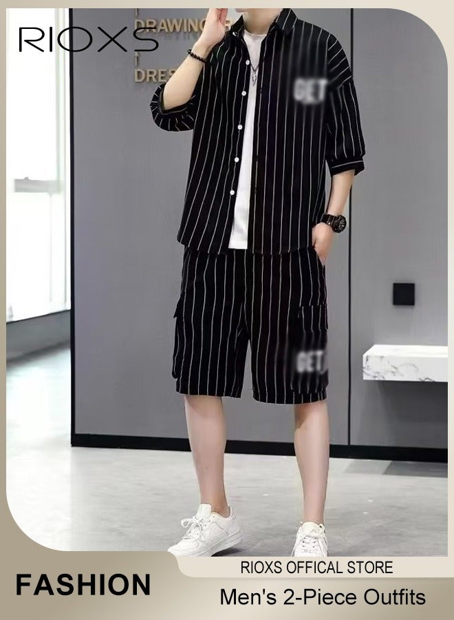 Men's 2-Piece Outfits with Striped Shirt and Shorts, Fashionable Summer Outfit, Comfortable Drawstring Shorts and Button-down Shirt Sets, Ideal for Everyday Wear