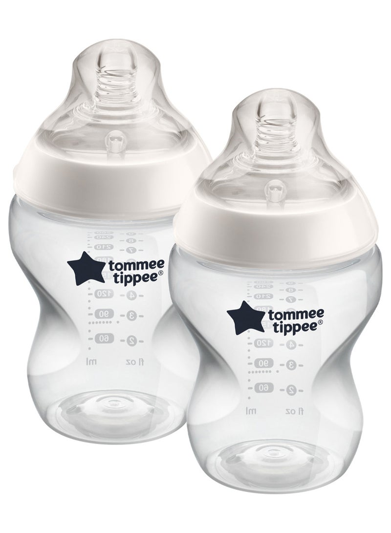 Pack Of 2 Closer To Nature Baby Feeding Bottles With Anti-Colic Valve, Slow-Flow, 0 Months +, 2 X 260 ML, Clear