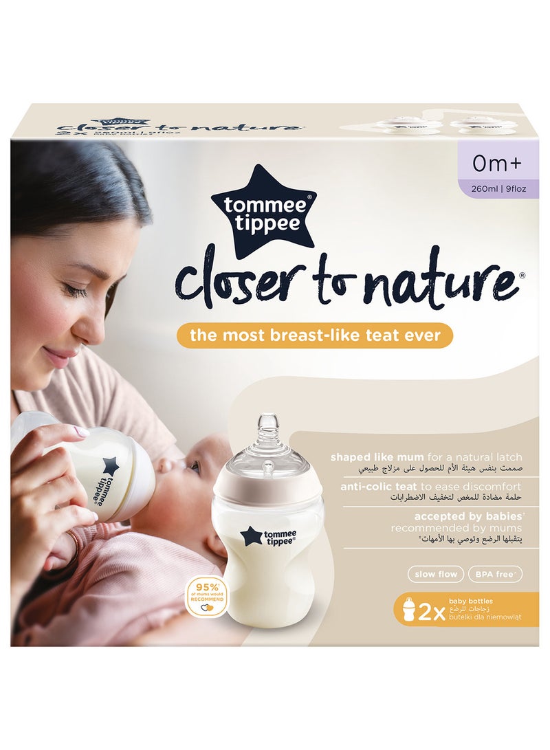 Pack Of 2 Closer To Nature Baby Feeding Bottles With Anti-Colic Valve, Slow-Flow, 0 Months +, 2 X 260 ML, Clear