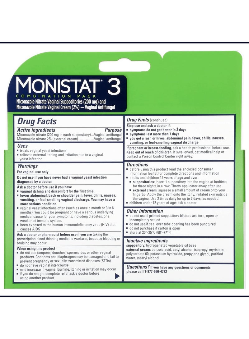 Monistat  3-Day Treatment Combination, 3 Suppositories x. 2.5 g + Itch Relief Cream Tube 9 g