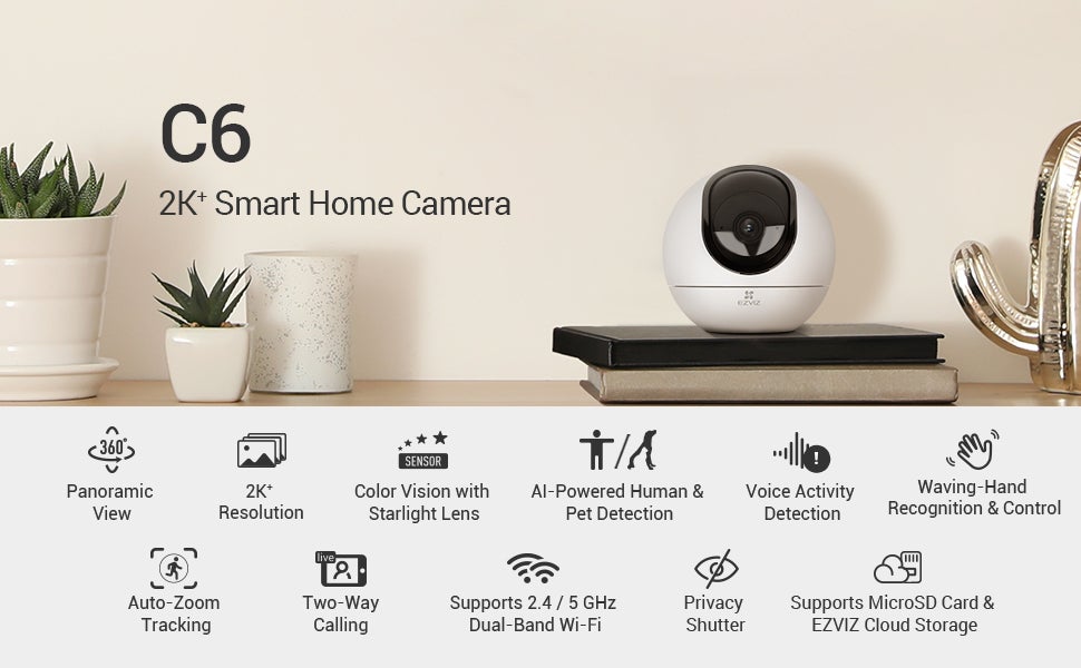 C6 Pan & Tilt Wi-Fi Camera 4MP 4mm, 360° Panoramic View, 2K Resolution, Privacy Shutter, MicroSD Card up to 256 GB, Auto-Zoom Tracking, True-WDR, Two-Way Talk, EZVIZ Cloud Play Storage, Person Detection, Color Vision with Starlight Lens - CS-C6 White