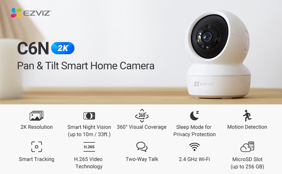 C6N Security Camera, 2K, 3MP, Indoor Camera, Baby Monitor, Wi-Fi Camera For Home With Smart Motion Tracking, Excellent mage, 8X Digital Zoom, Night Vision, Two-way Audio, H_265, Works With Alexa - C6N 3MP White