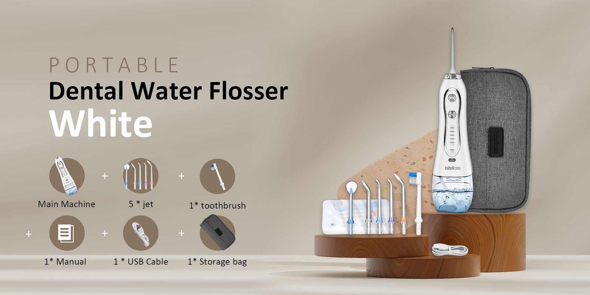 Cordless Water Dental Flosser, Portable Oral Irrigator For Teeth, Braces, Rechargeable And Ipx7 Waterproof Teeth Cleaner For Home Travel Hf6 White 300ml