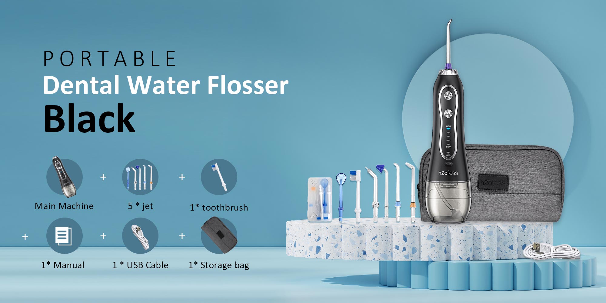 Water Flosser For Teeth Cordless 300Ml Portable Oral Irrigator Flosser 5 Cleaning Modes And 6 Jet Tips, Ipx7 Waterproof - Black