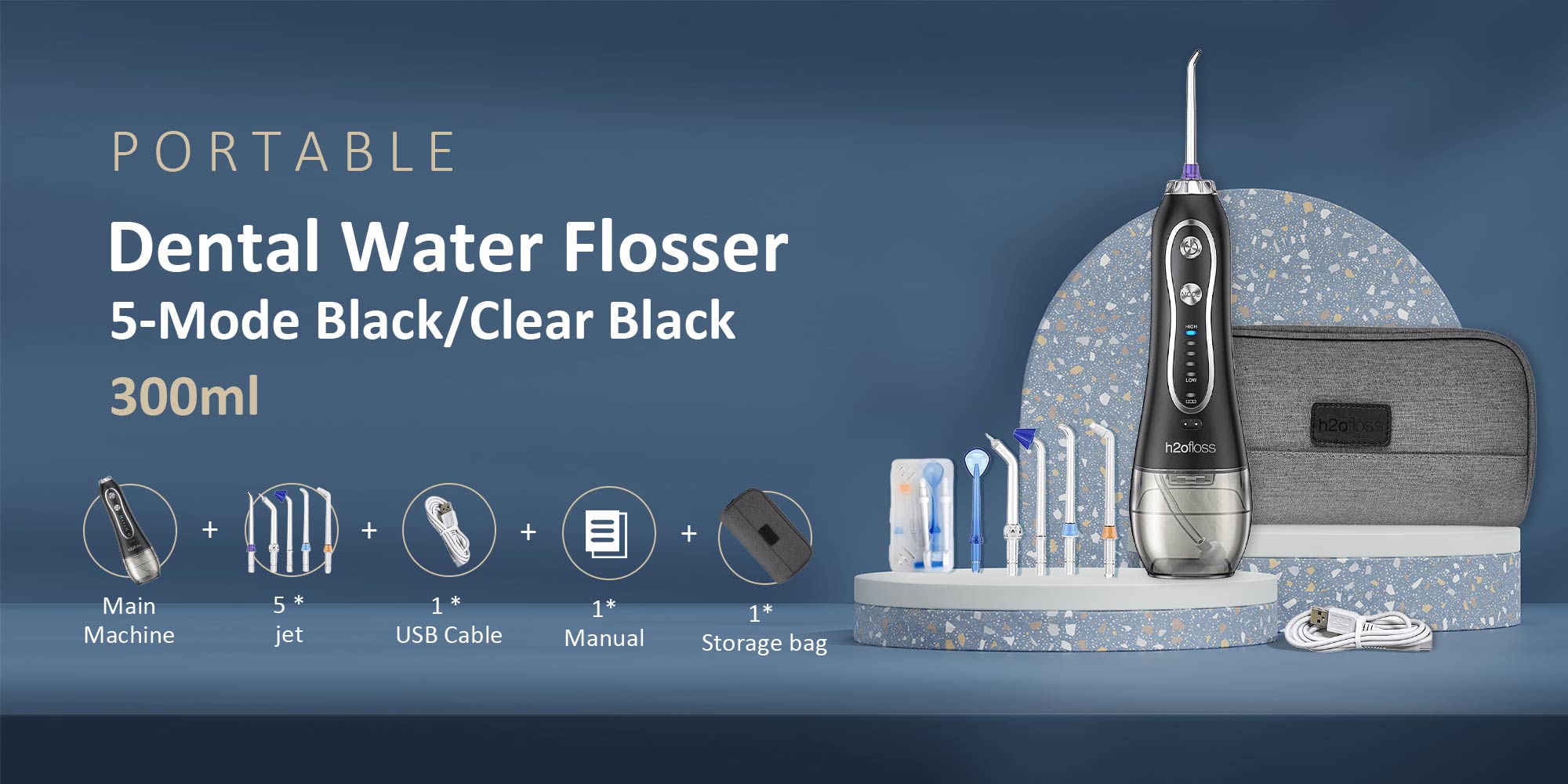 Water Flosser For Teeth Cordless Portable Oral Irrigator Flosser 5 Cleaning Modes And 6 Jet Tips, Ipx7 Waterproof - Black 300ml