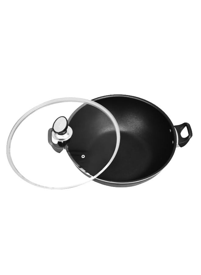 Sonex Wok Glass Lid 40cm With Teflon Coating, Premium Nonstick Coat, Bakelite Heat Resistant Handle, Healthy Cooking, Easy to Clean Non Stick Coating, Never Stick, Multi Layer, Even Heating, 11.5 Ltr